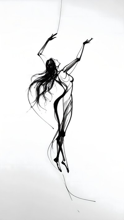 Dynamic ink sketch of female figure with flowing hair reaching up