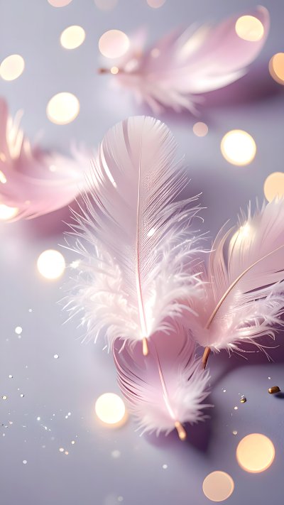 Delicate pink feathers with bokeh lights on a soft pastel background