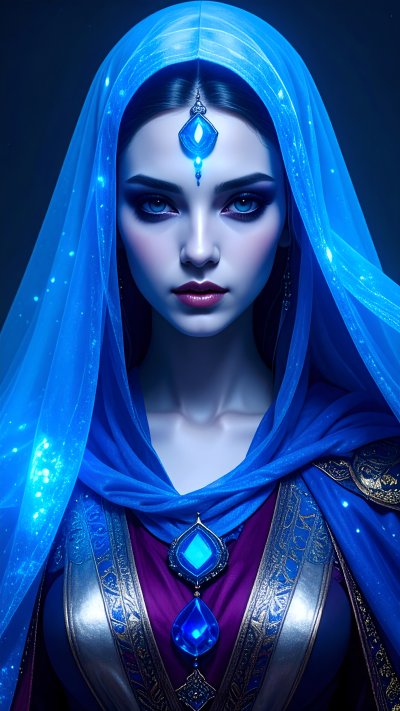 Mystical woman in blue veil with gemstone, evoking wonder