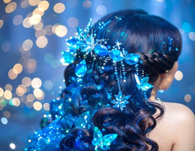 Braided hair with blue crystals and glitter, magical bokeh background