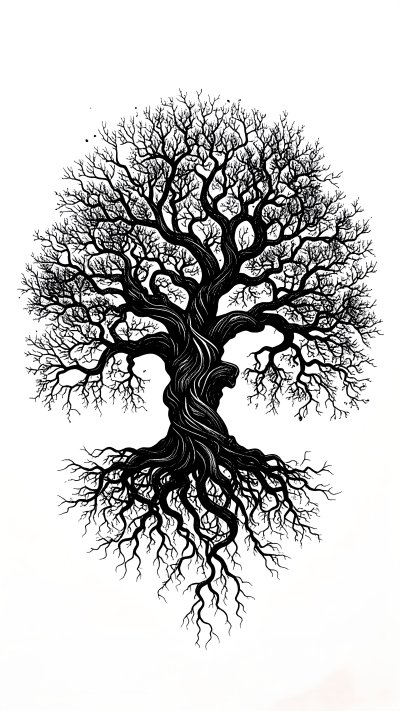 Black and white drawing of a large tree with roots and bare branches