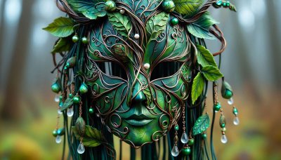 Green and bronze mask with leaf and vine details, pearls and crystal d