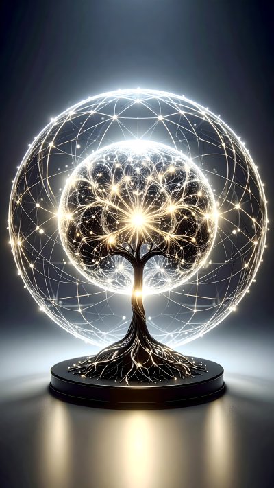 Digital tree with brain network sphere and global network wireframe
