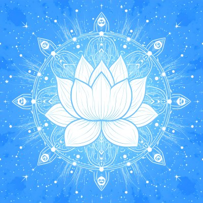 Ethereal white lotus mandala in serene blue celestial sky.