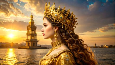 Majestic queen in gold, gazing at golden sunset over bay with tower