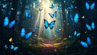 Magical sunlit forest with blue butterflies and glowing lights