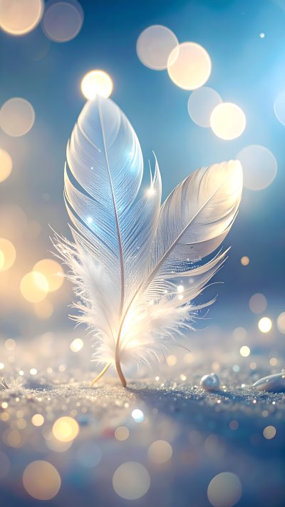 Delicate white feathers on sparkling surface with bokeh lights