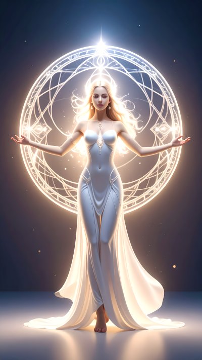 Ethereal woman w/ magical circle & glowing light on dark background