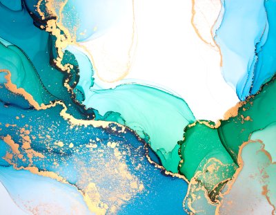 Abstract fluid art with turquoise, blue, and gold waves