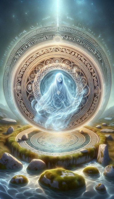 Ethereal spirit in glowing Celtic rune circle in misty landscape