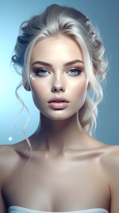 Portrait of young woman w/ blonde hair, blue eyes, sparkling highli...