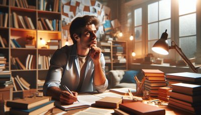 Focused young man writing at desk in warm study room with books.