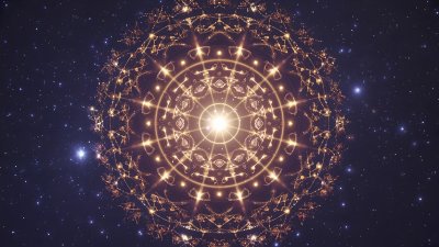 Golden mandala radiating light against starry cosmic background