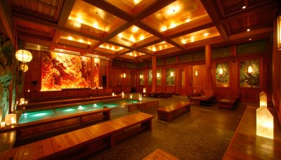 Luxurious wooden spa, glowing lights, tranquil water pools