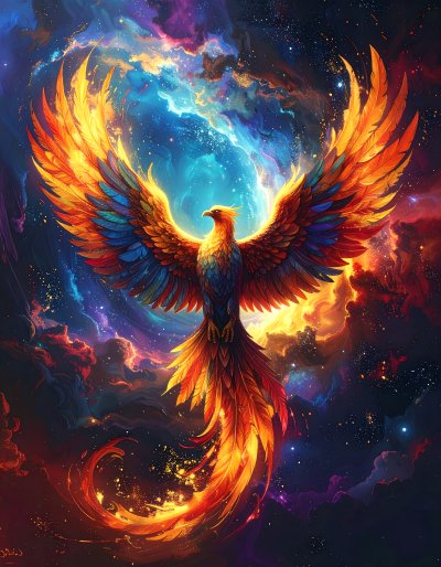 Majestic Phoenix Rises Through Cosmic Nebula, Symbol of Rebirth