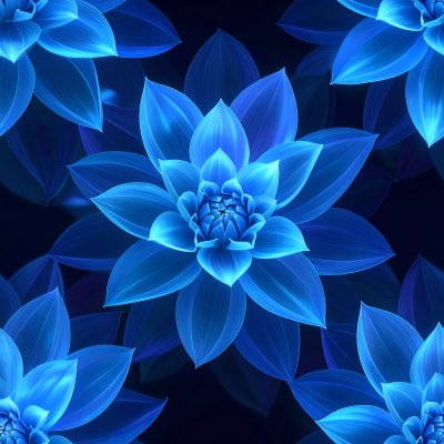 Abstract glowing blue floral seamless pattern on dark background