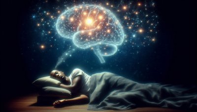 Dreaming person with brain-shaped neural network and starry background