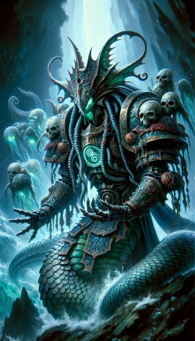 Aquatic necromancer with serpent tail and ghostly skulls