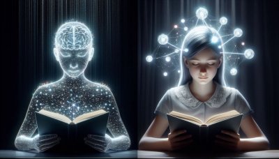 Reading figures, one data network, one girl, symbolizing knowledge