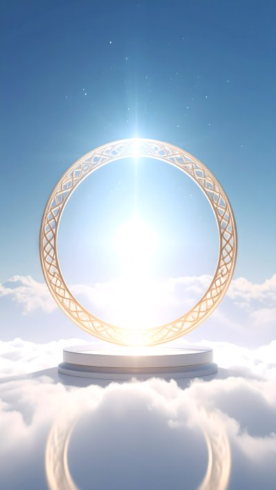 Golden ornate ring portal on pedestal above clouds with divine light