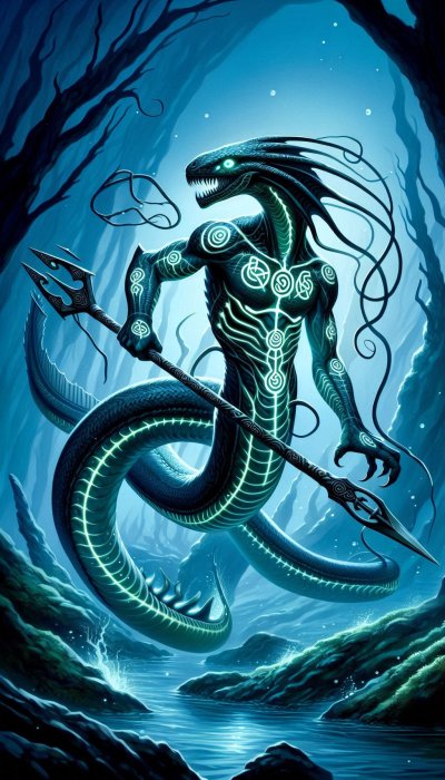 Dark fantasy serpent creature with glowing patterns holding a trident.