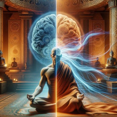 Meditating figure bisected by glowing line representing mind and body 