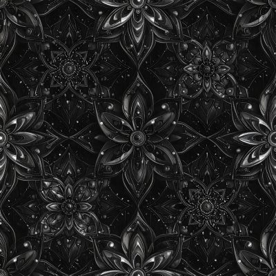 Seamless ornate dark floral pattern with glossy metallic texture
