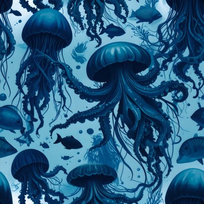 Dark blue deep-sea jellyfish and fish in underwater illustration.