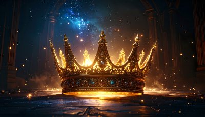 Majestic golden crown illuminated by cosmic light, symbolizing power