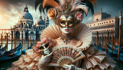 Venetian carnival portrait of woman in mask, costume, fan, holding mas