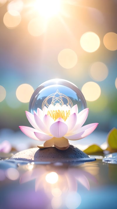 Serene lotus flower, glass sphere with sacred geometry, sunlight bokeh