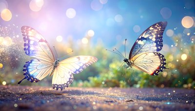 Magical butterflies in dreamy bokeh light, evoking wonder and serenity