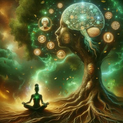 Meditating woman connected to brain-tree, symbolizing enlightenment & 