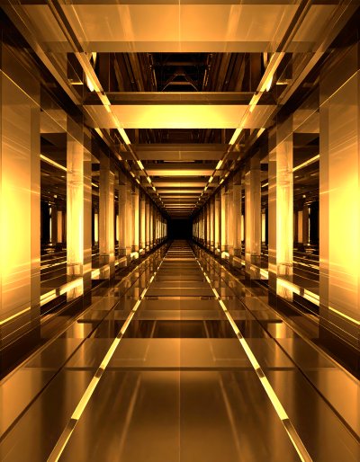 Golden arch tunnel, lit columns: ambition, luxury