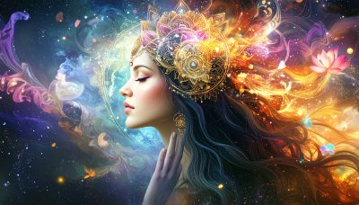 Ethereal goddess in cosmic swirl, inspiring spiritual peace