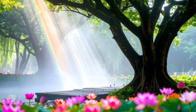 Sunlit garden with water lilies, rainbow, serenity, wonder