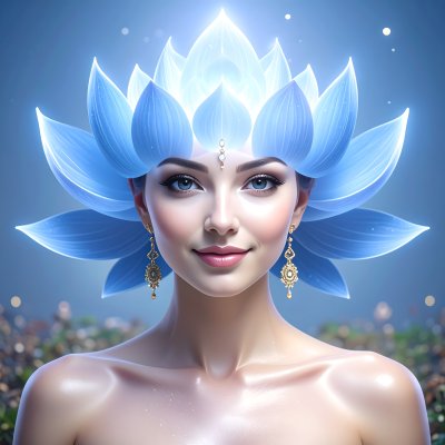 Ethereal woman with blue lotus crown, radiating peace and serenity