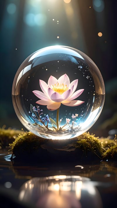 Pink lotus flower in glass sphere on moss with light and bokeh.