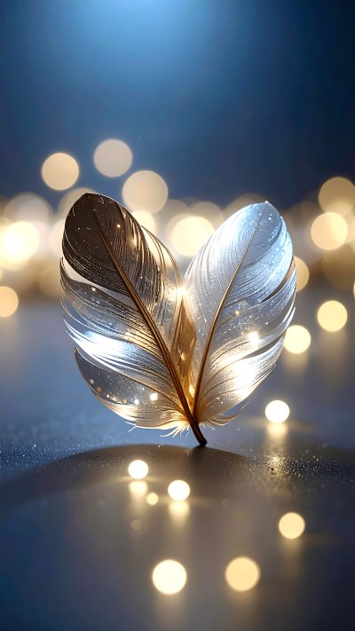 Ethereal translucent feathers heart with golden bokeh