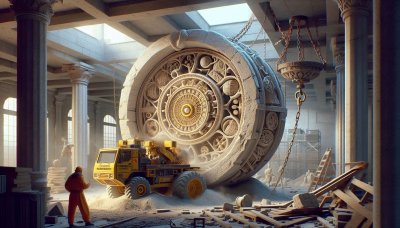 Monumental Stone Wheel in Construction Scene