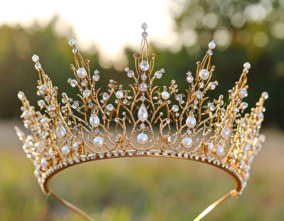 Elegant gold tiara with pearls and crystals, symbolizing luxury