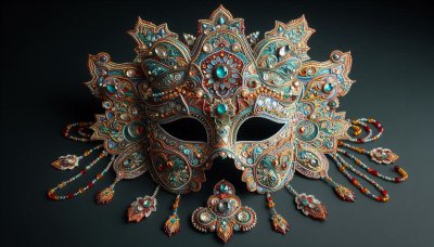 Ornate colorful beaded mask with intricate patterns and jewels