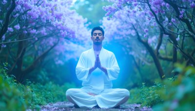 Man meditating peacefully in a magical purple blossom grove