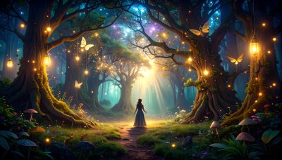 Enchanted twilight forest, glowing lanterns, butterflies