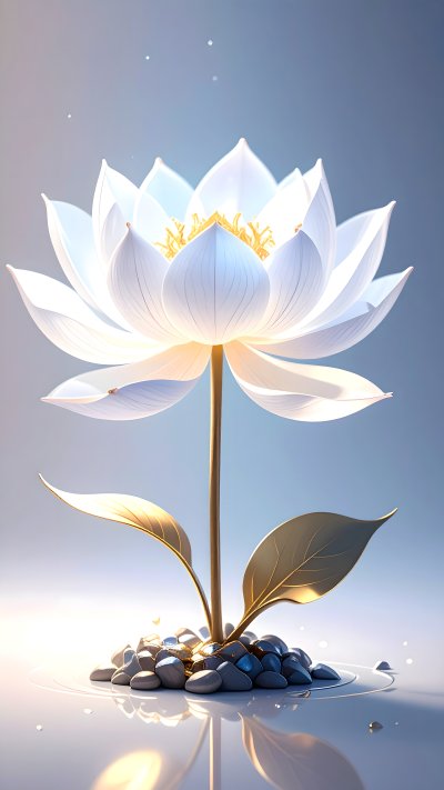 Ethereal white lotus w/ golden stem & leaves in water, clean rendering