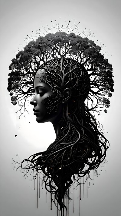 Woman's head in profile with tree branches and roots as hair